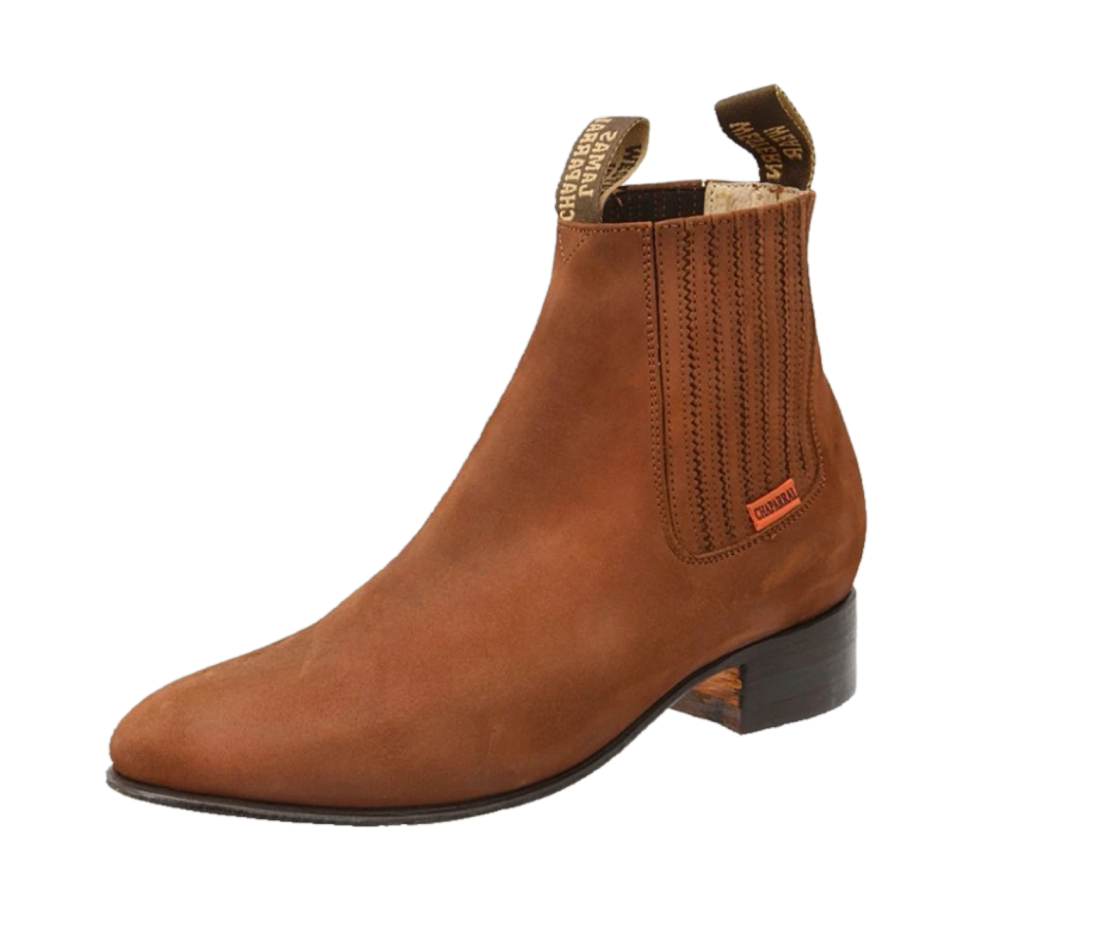 A brown leather Charro ankle boot for men with a low heel and square toe, made in Mexico.