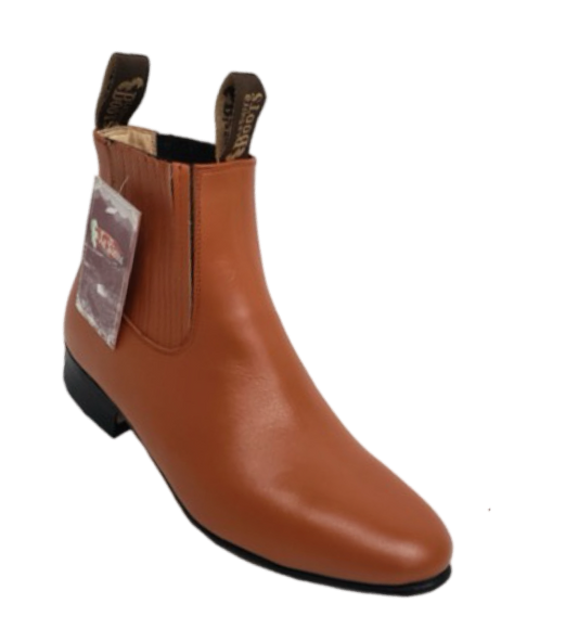 A brown leather ankle boot with a round toe and a heel, made for men, with a pull-on style and side elastic inserts.
