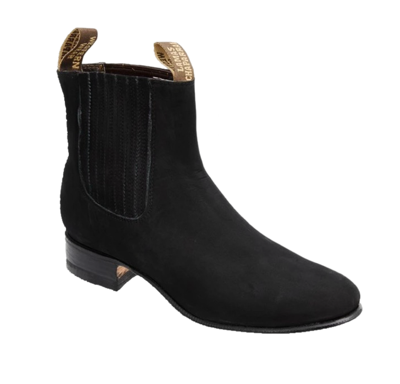 A black Charro ankle boot for men with a round toe, traditional low heel, and side elastics.