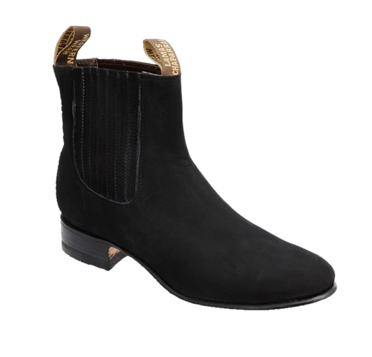 A black Charro ankle boot for men with a round toe, traditional low heel, and side elastics.