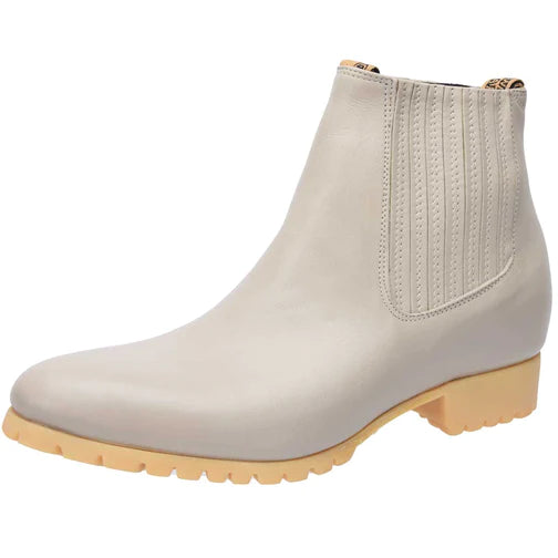 A gray ankle boot with a round toe and a low heel, made of genuine leather, designed for men.