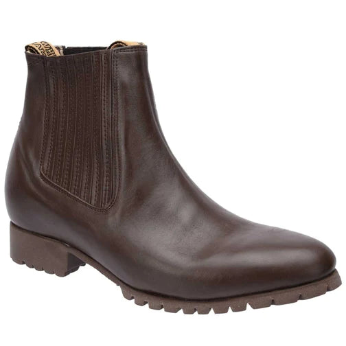 A brown Charro ankle boot for men with a square toe and a traditional low heel, made of genuine leather.