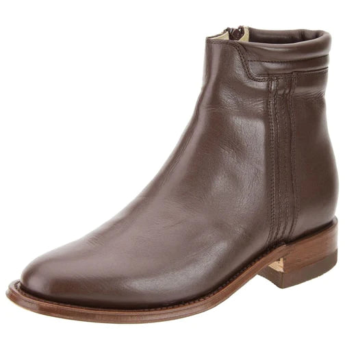 A brown leather Charro ankle boot for men with a low heel and square toe, made in Mexico.