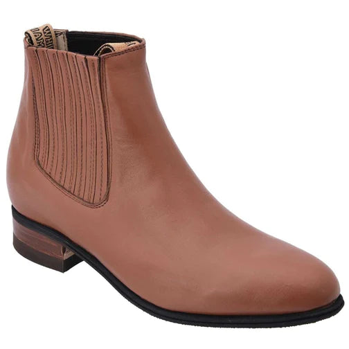 A brown leather Charro ankle boot for men with a low heel and elastic side panels.