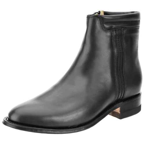 A black charro ankle boot for men with a square toe and a low heel, made of genuine leather.