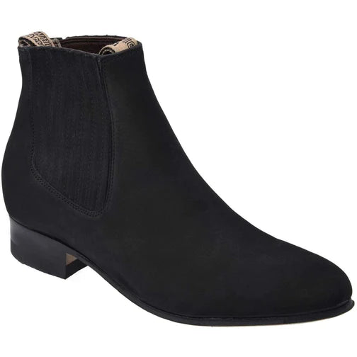A black charro ankle boot for men with a low heel and side elastic inserts.