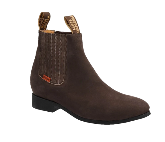 A brown suede Charro ankle boot for men with a square toe and a traditional low heel, made in Mexico.