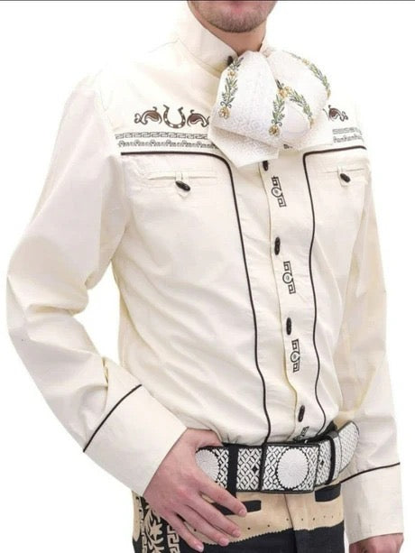 Camisa Charra para Hombre Color Crema con Cafe – Camisa de Charro Clásica