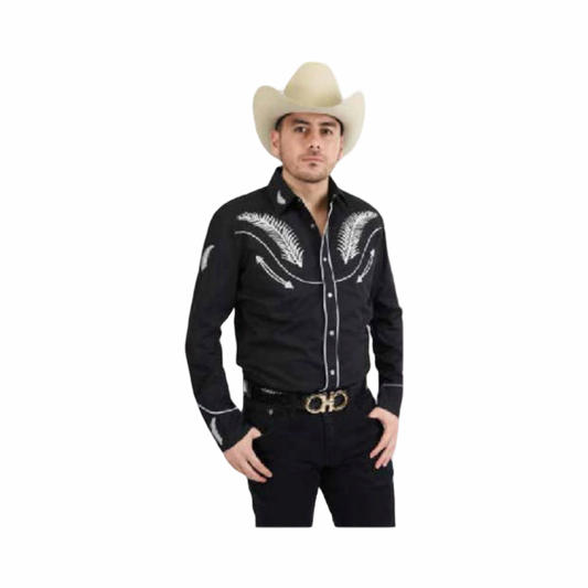 Camisa Vaquera Negra Bordada con Detalles Blancos Clásicos – White Diamonds Boots