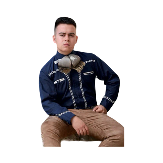 Camisa charra azul marino con blanco para hombre con detalles bordados
