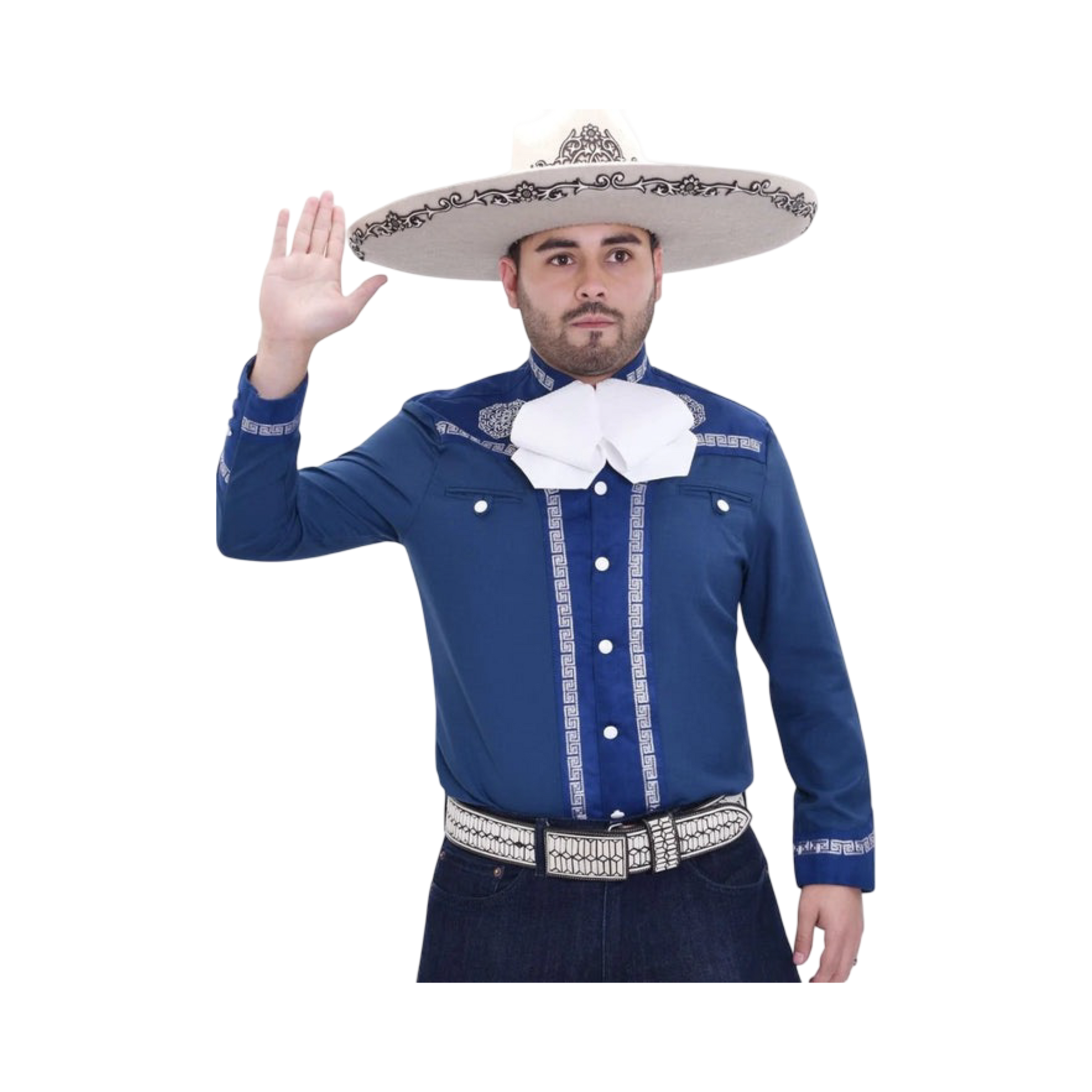 Camisa charra azul rey de hombre con bordado blanco elegante