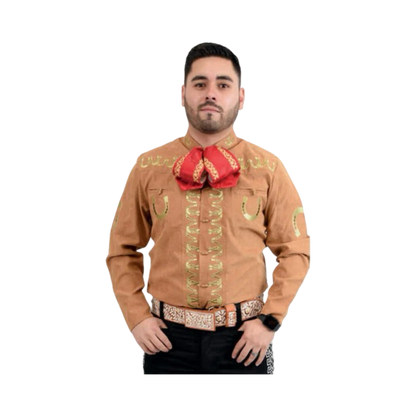 Camisa charra beige claro para hombre con detalles bordados tradicionales