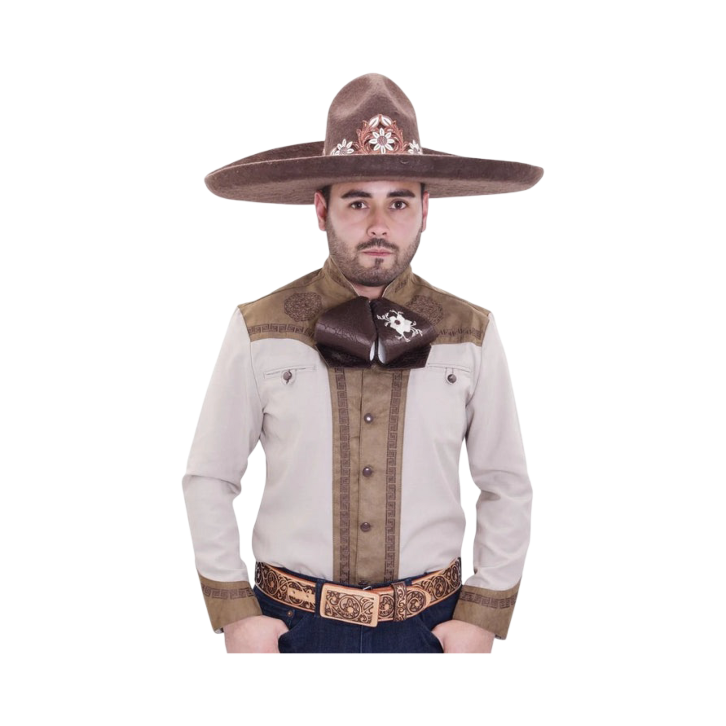 Camisa charra beige con café para hombre con diseño mexicano bordado