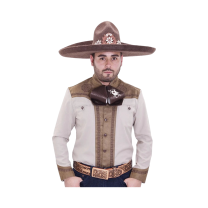 Camisa charra beige con café para hombre con diseño mexicano bordado