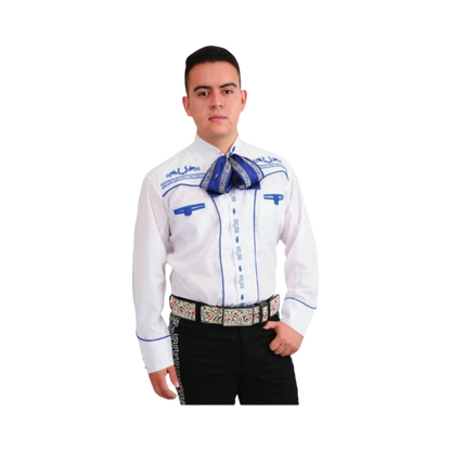 Camisa charra blanca para hombre con detalles bordados en azul