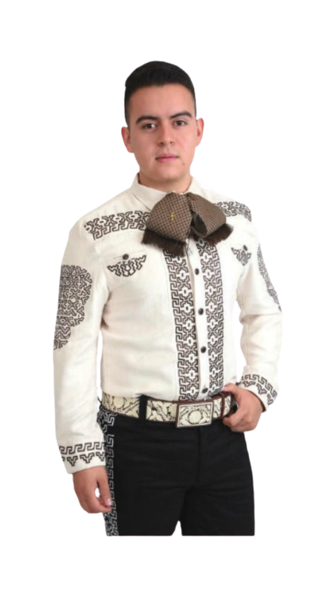 A man wearing a traditional Charro shirt with embroidery and unique buttons, commonly associated with Mexican culture.
