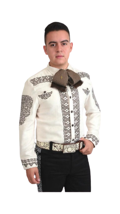 A man wearing a traditional Charro shirt with embroidery and unique buttons, commonly associated with Mexican culture.
