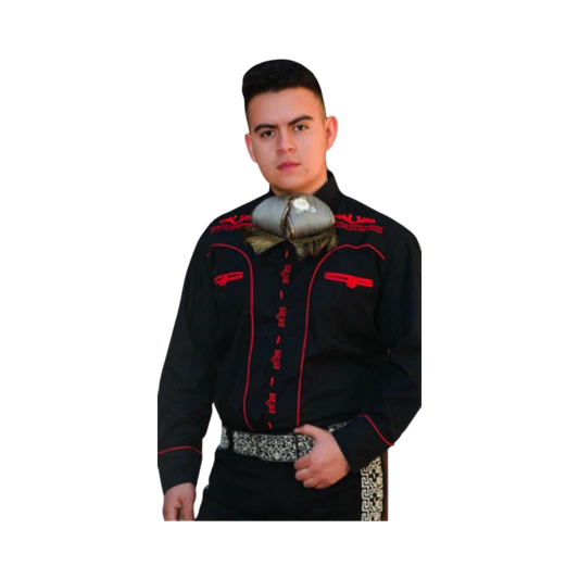 Camisa charra beige de hombre con bordado rojo mexicano