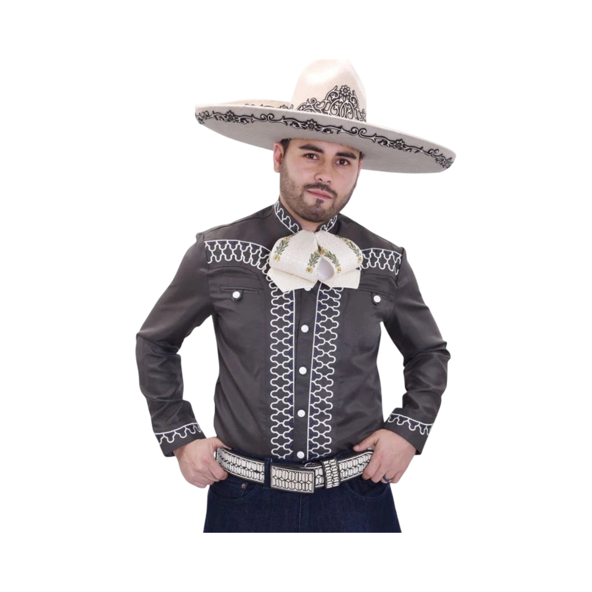 Camisa charra gris Claro para hombre con bordado tradicional mexicano