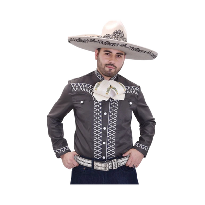 Camisa charra gris Claro para hombre con bordado tradicional mexicano