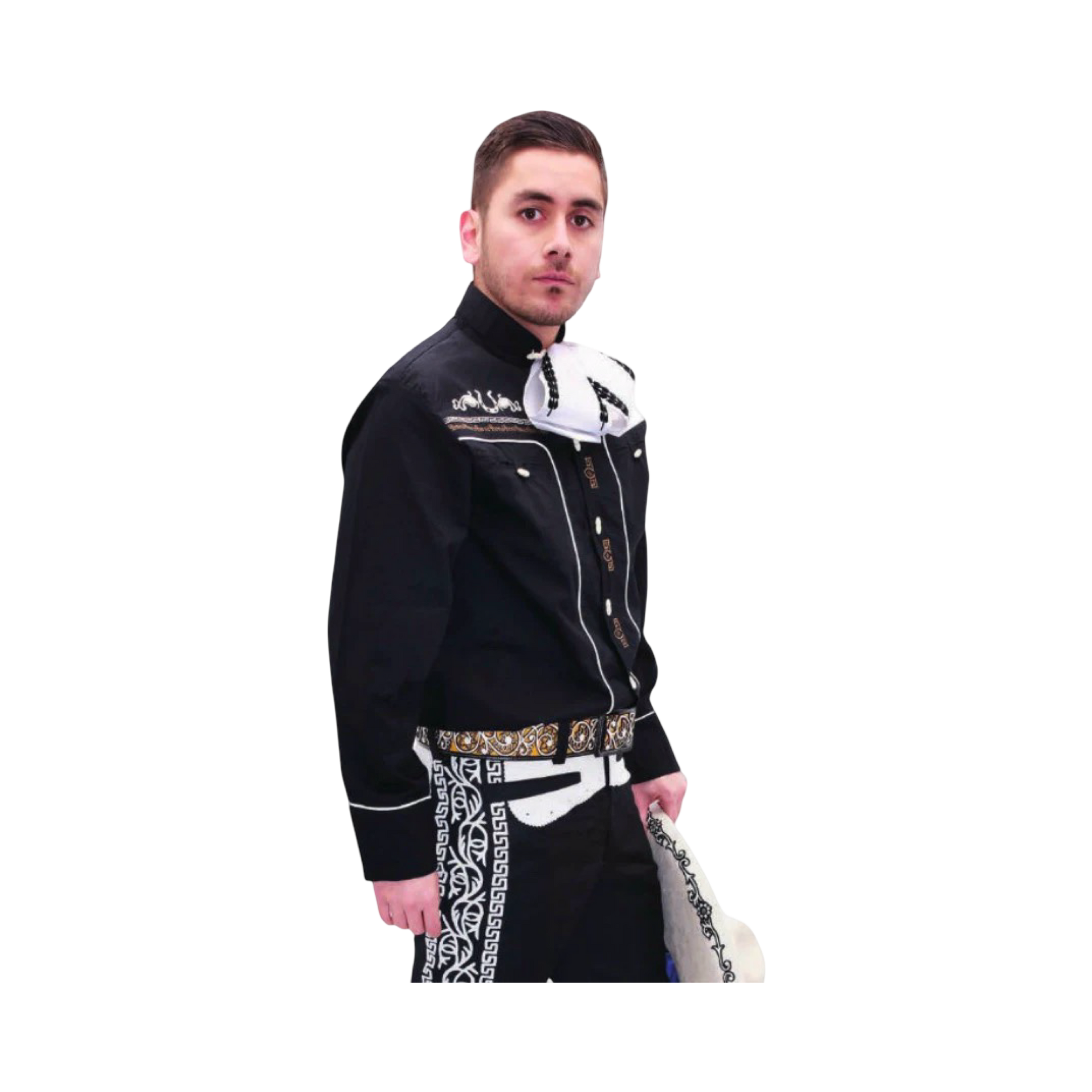 Camisa charra de hombre negra con bordado dorado artesanal