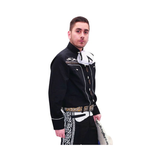 Camisa charra de hombre negra con bordado dorado artesanal