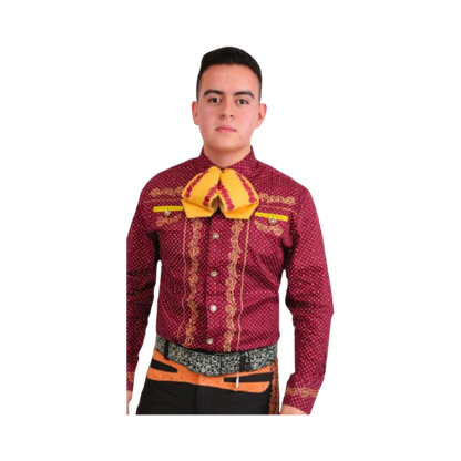 Camisa charra para hombre color vino estilo tradicional con bordado mexicano
