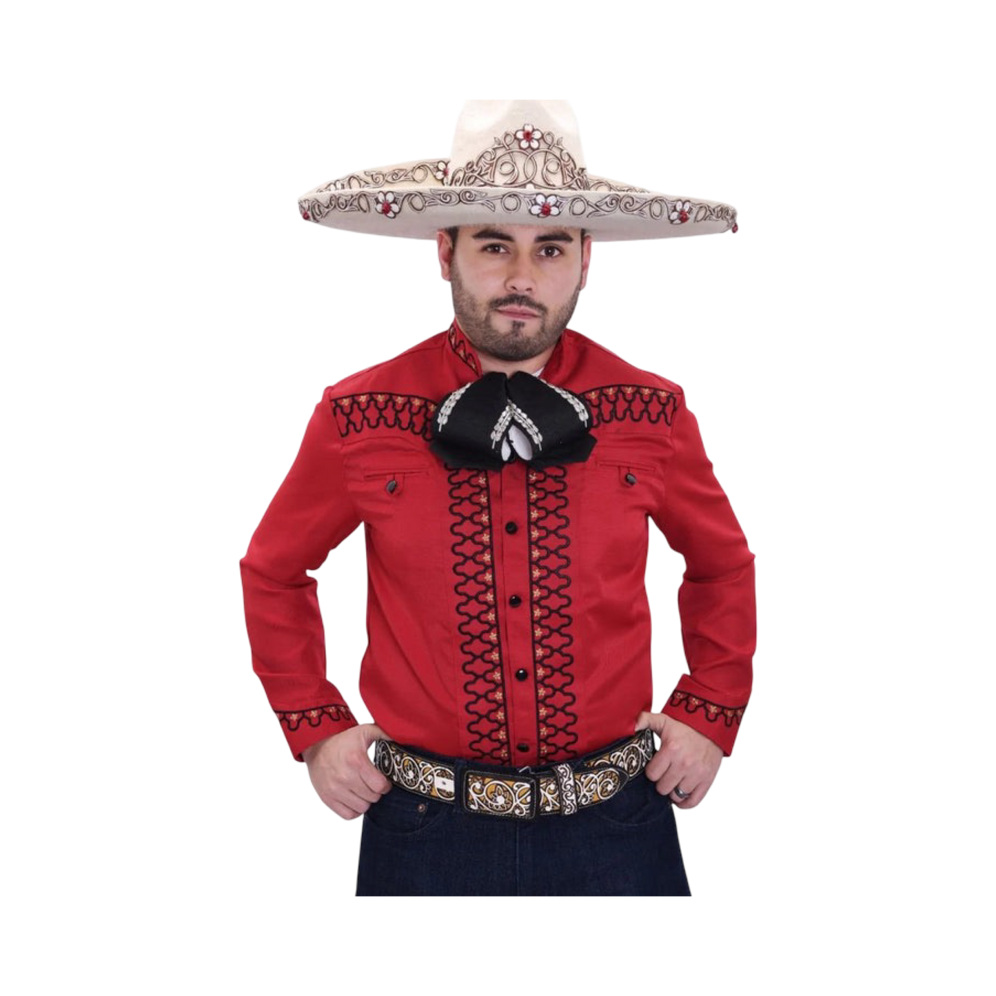 Camisa charra roja con negro para hombre con diseño bordado charro