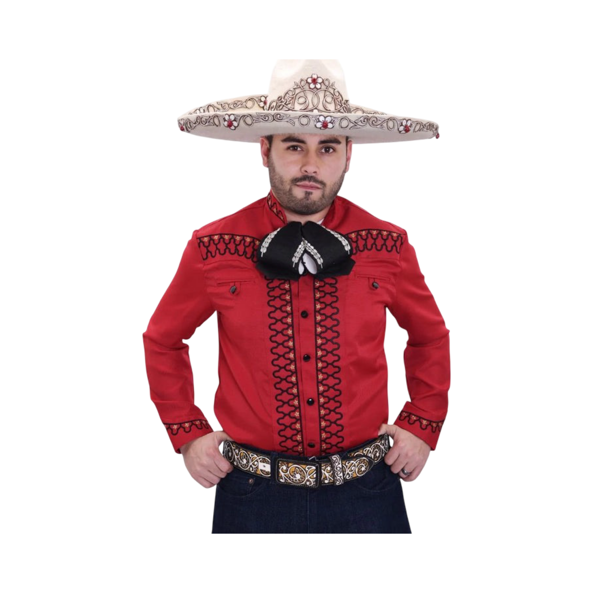 Camisa charra roja con negro para hombre con diseño bordado charro