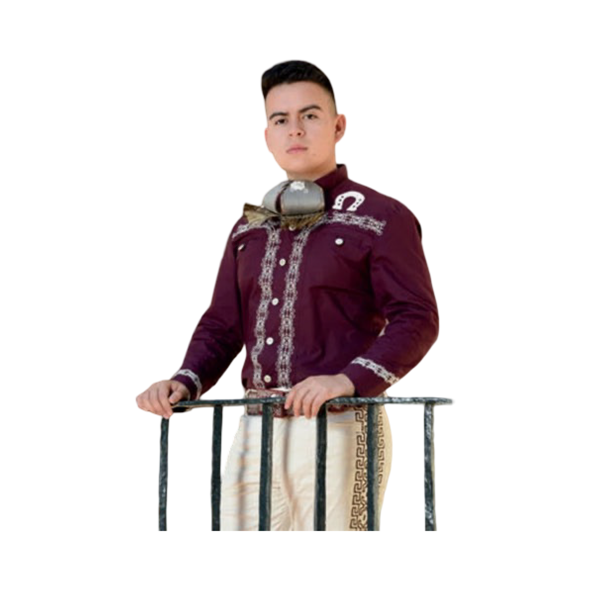 Camisa charra color vino y blanco de hombre estilo tradicional mexicano