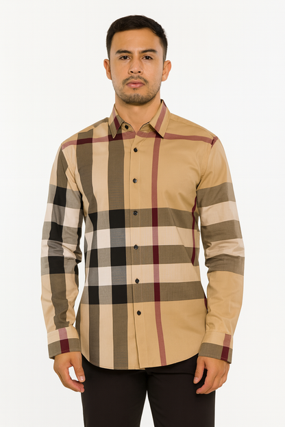 Camisa Casual de Cuadros Beige con Rojo y Negro para Hombre