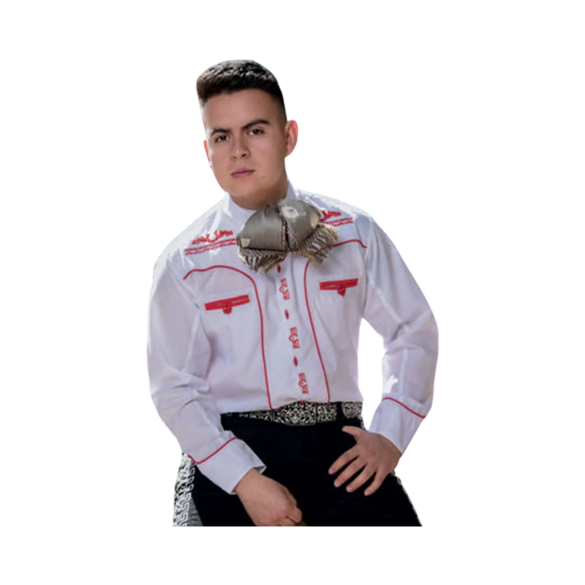 Camisa charra infantil blanca con detalles rojos, ropa tradicional mexicana para niños perfecta para celebraciones patrias.