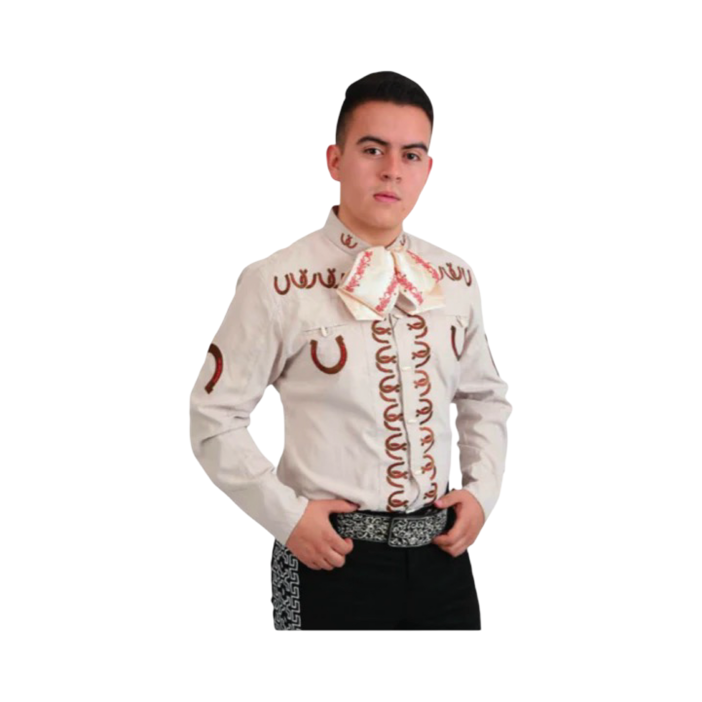 Camisa charra beige de hombre con bordado rojo mexicano
