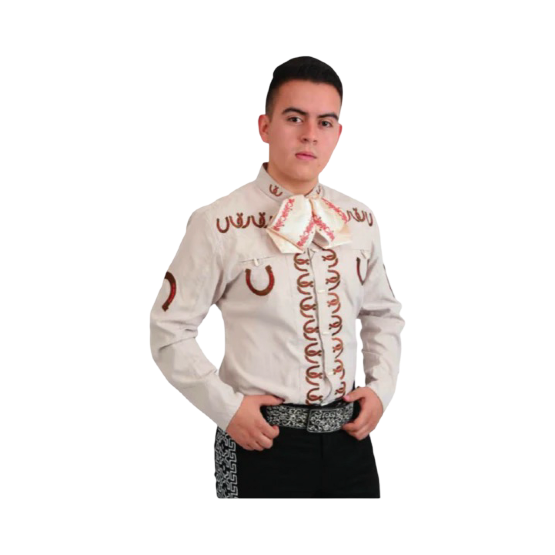 Camisa charra beige de hombre con bordado rojo mexicano