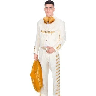 Person wearing a white costume with gold accents on a white background