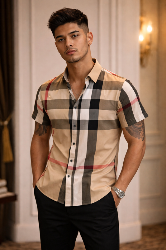 Camisa de Cuadros Beige Casual para Hombre