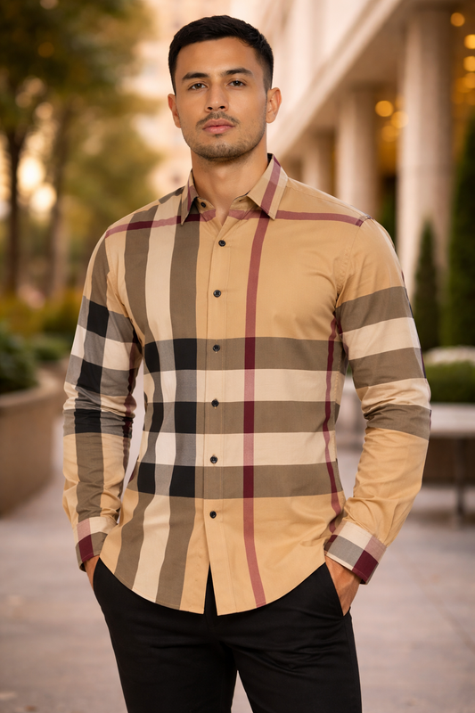 Camisa Casual de Cuadros Beige con Rojo y Negro para Hombre