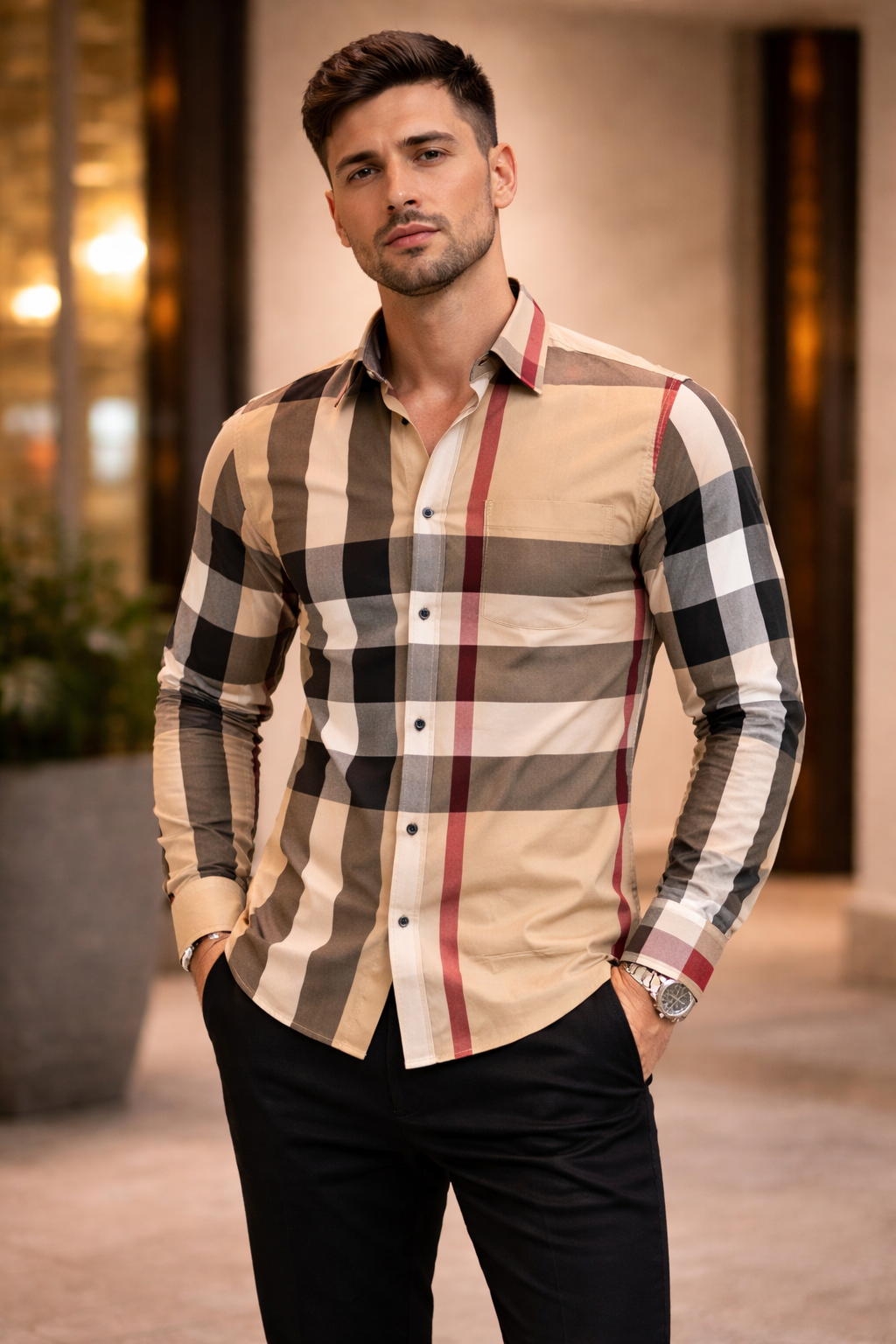 Camisa Casual de Cuadros Beige Elegantes para Hombre