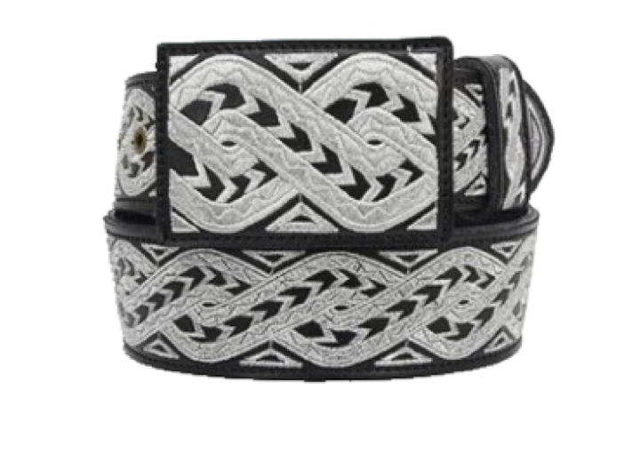 A traditional Mexican charro belt with a detailed, geometric pattern and a decorative buckle.