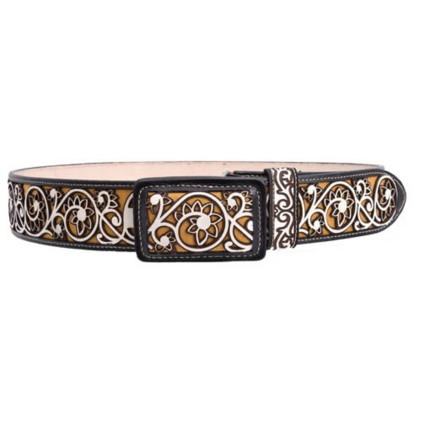A leather belt with a traditional design, featuring a detailed pattern with floral and animal motifs, likely made using laser cutting. The belt includes a metallic buckle.