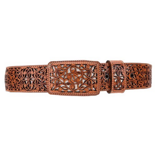 A brown leather belt with a patterned design, featuring a buckle and laser-cut details.