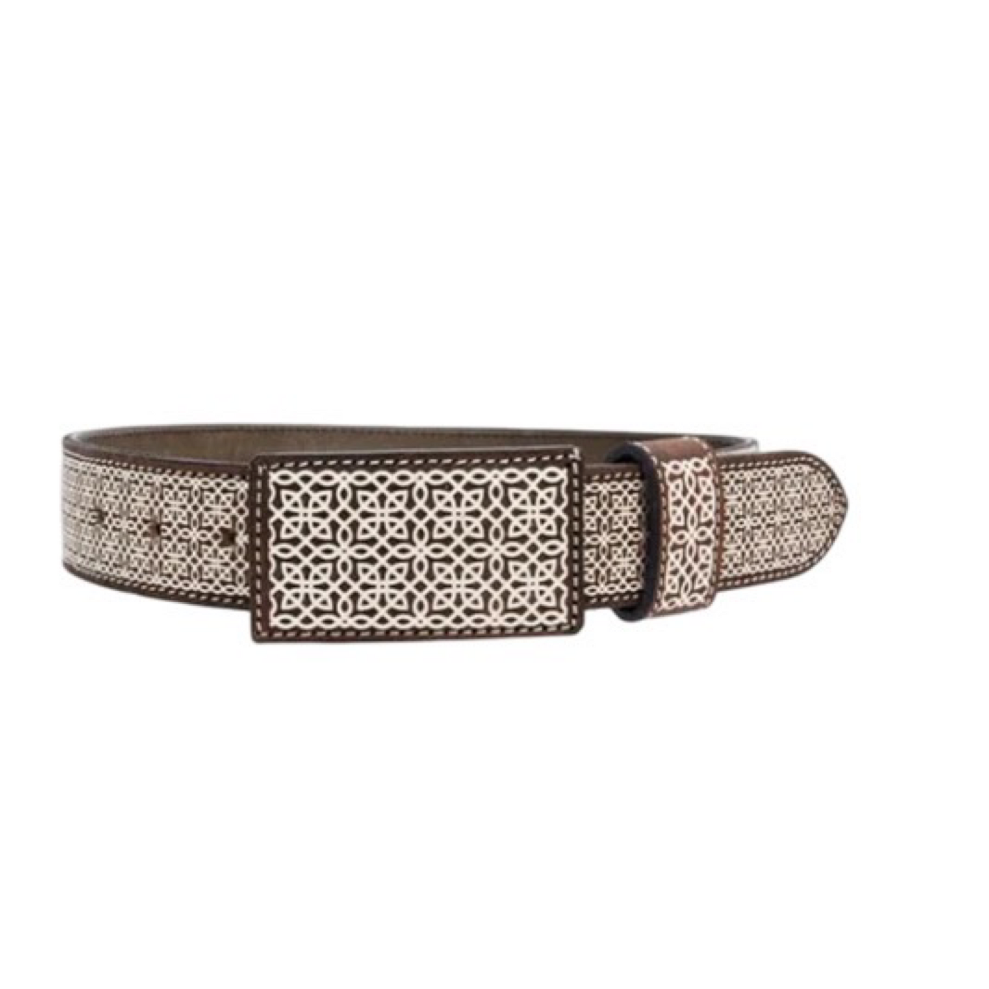 A brown belt with a traditional design, featuring a detailed buckle and laser-cut patterns on the strap.