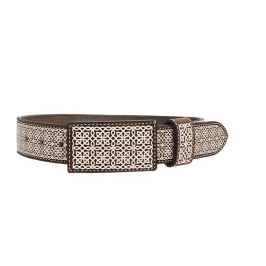 A brown belt with a traditional design, featuring a detailed buckle and laser-cut patterns on the strap.
