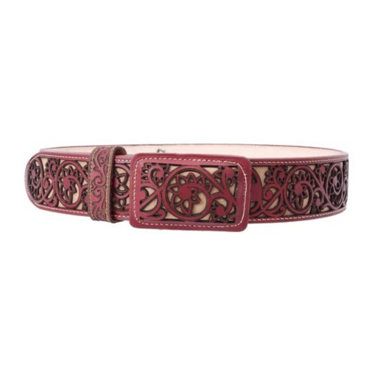 A brown leather belt with a patterned design, featuring a rectangular metal buckle, made using laser cutting techniques.