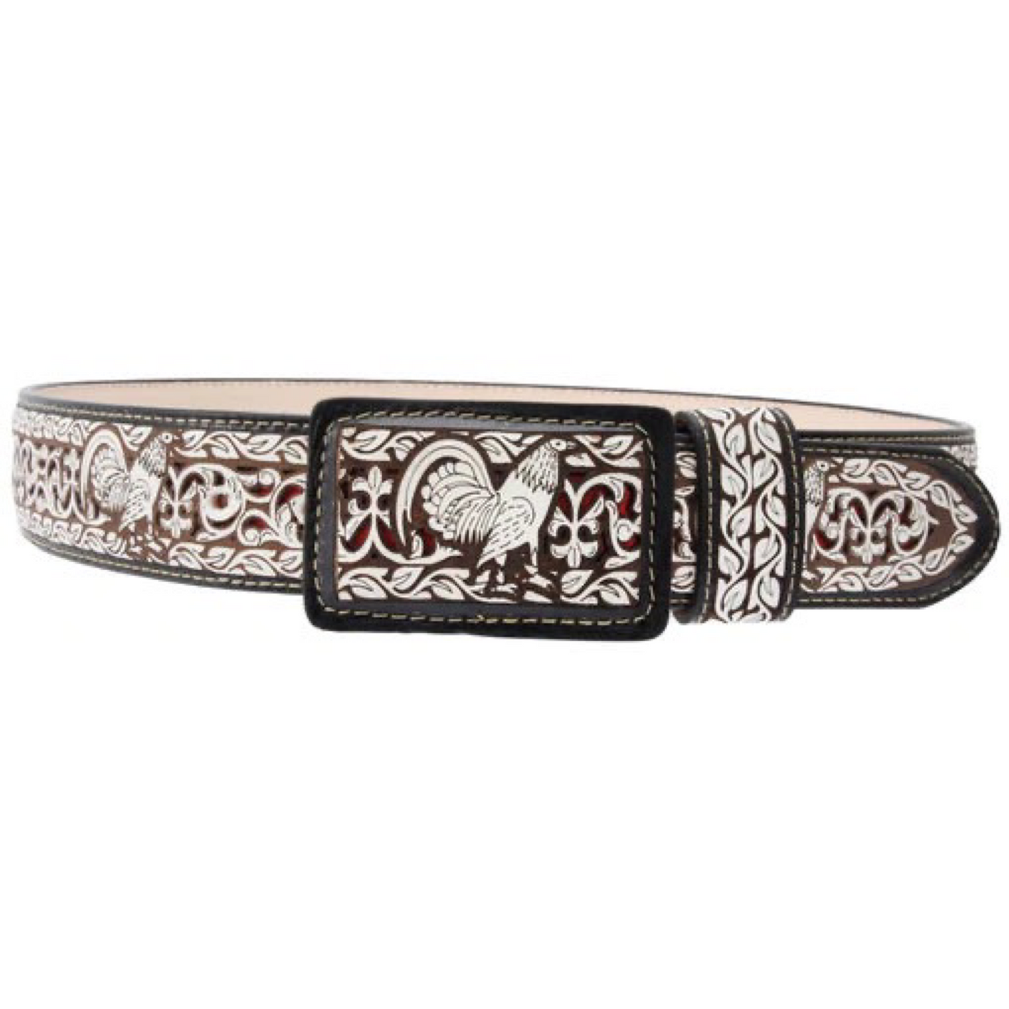 A brown leather belt with a traditional pattern, featuring a buckle and laser-cut designs.