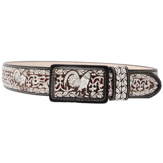 A brown leather belt with a traditional pattern, featuring a buckle and laser-cut designs.