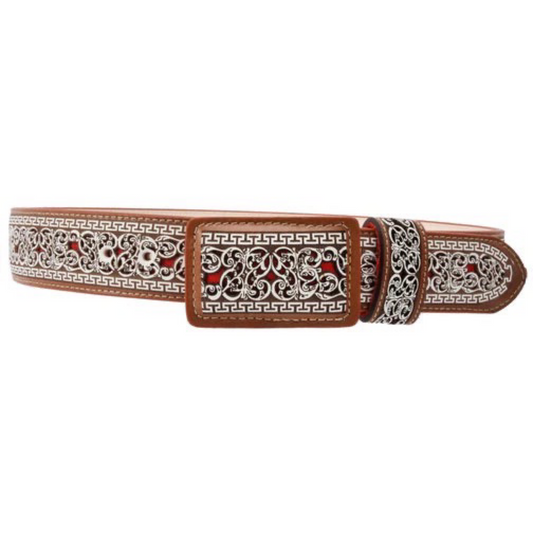 A brown leather belt with a traditional pattern design, featuring a metallic buckle.