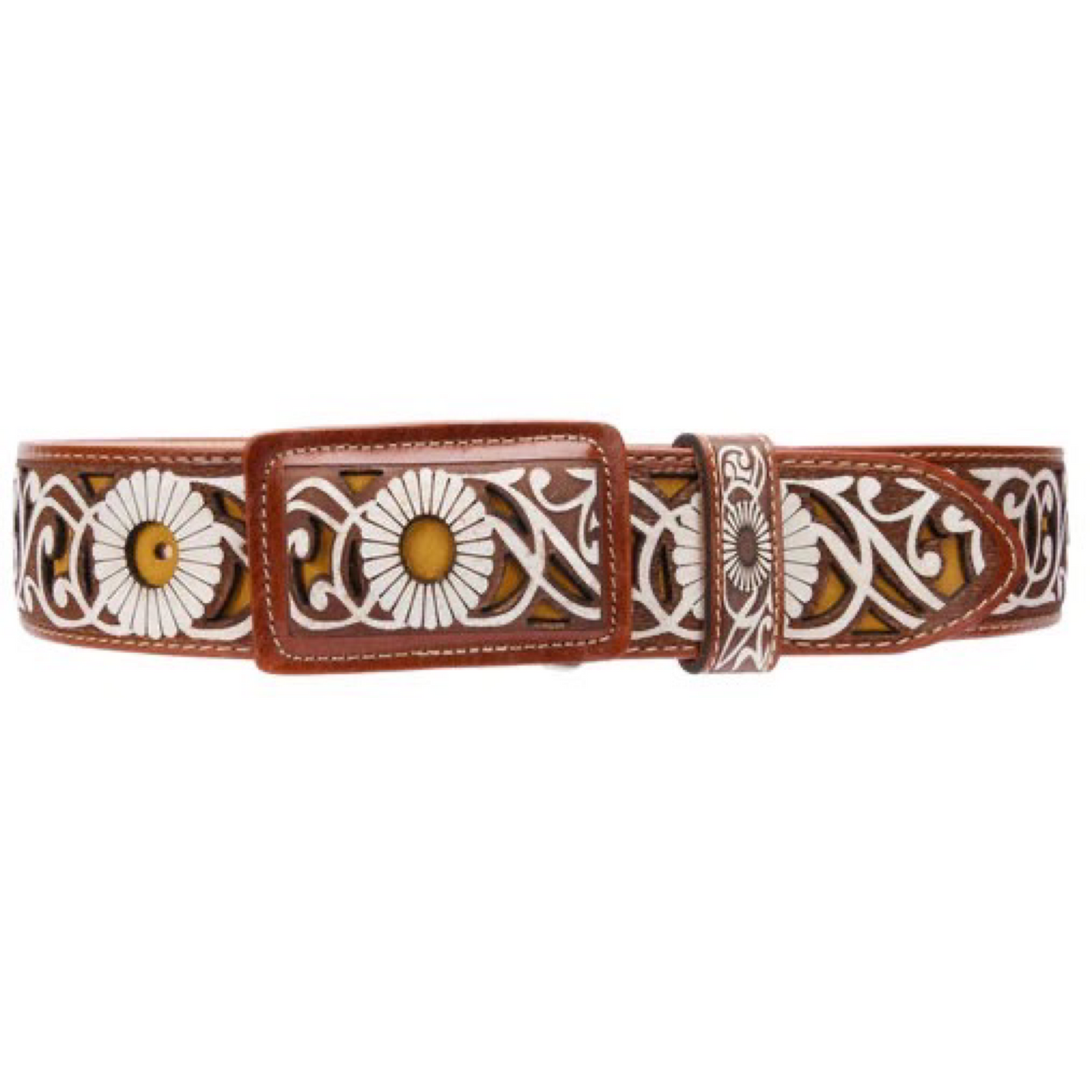 A brown leather belt with a patterned design featuring white flowers and decorative elements, crafted with precision laser cutting.