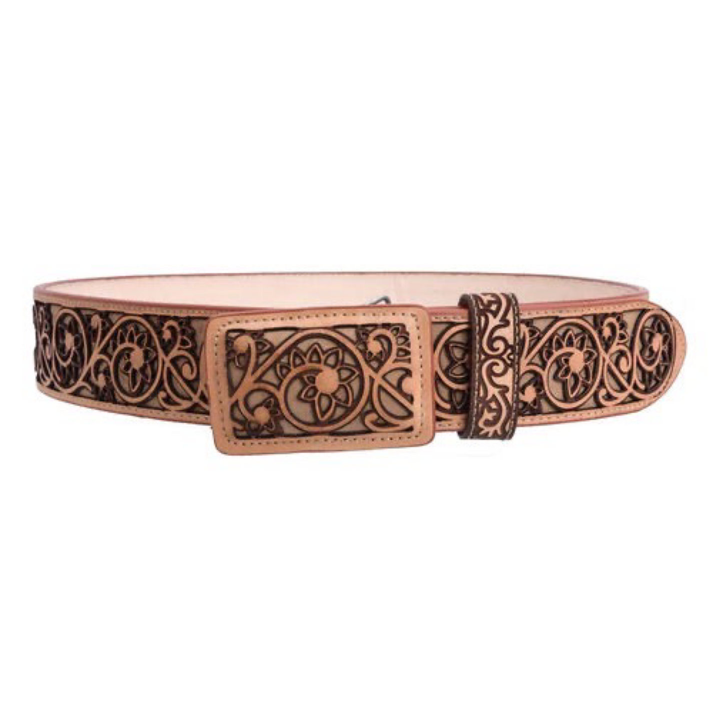 A brown leather belt with a traditional floral pattern made using a laser cutter, featuring a metal buckle.
