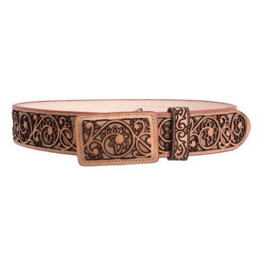A brown leather belt with a traditional floral pattern made using a laser cutter, featuring a metal buckle.